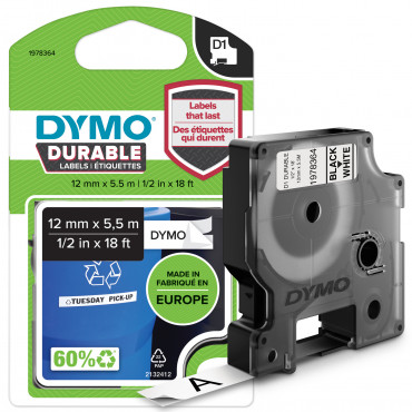 Dymo D1 Durable 12 mm x 5,5 M, musta / valkoisella | Rauman Konttoripalvelu Oy